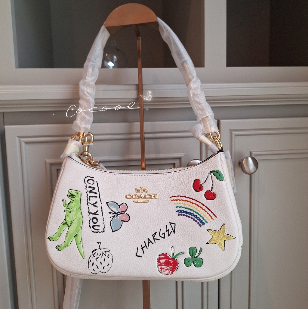 New Coach Chalk Multi Teri Sketch Print Refined Pebble Leather Shoulder Bag